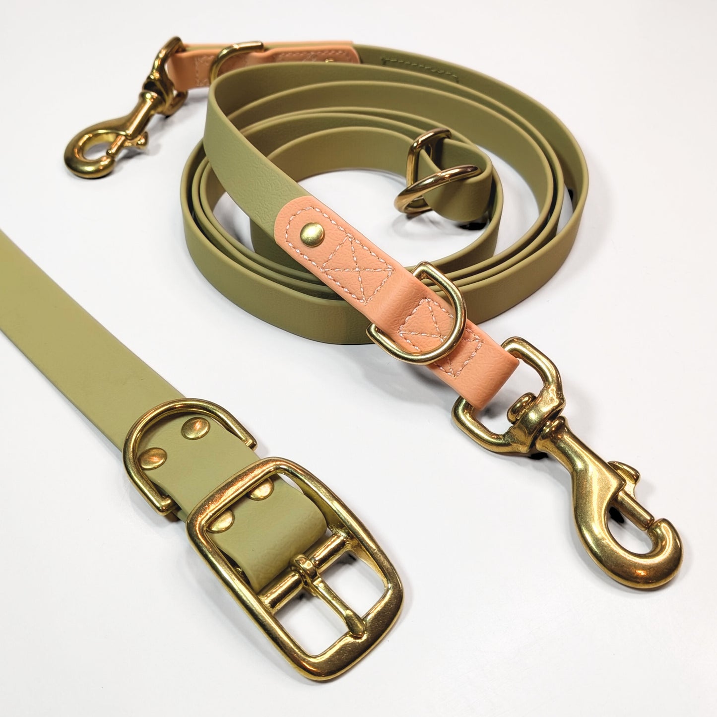 Premium Walk Set | Dog Harness, Leash & Collar - Green with gold hardware and tan leather trim on white background