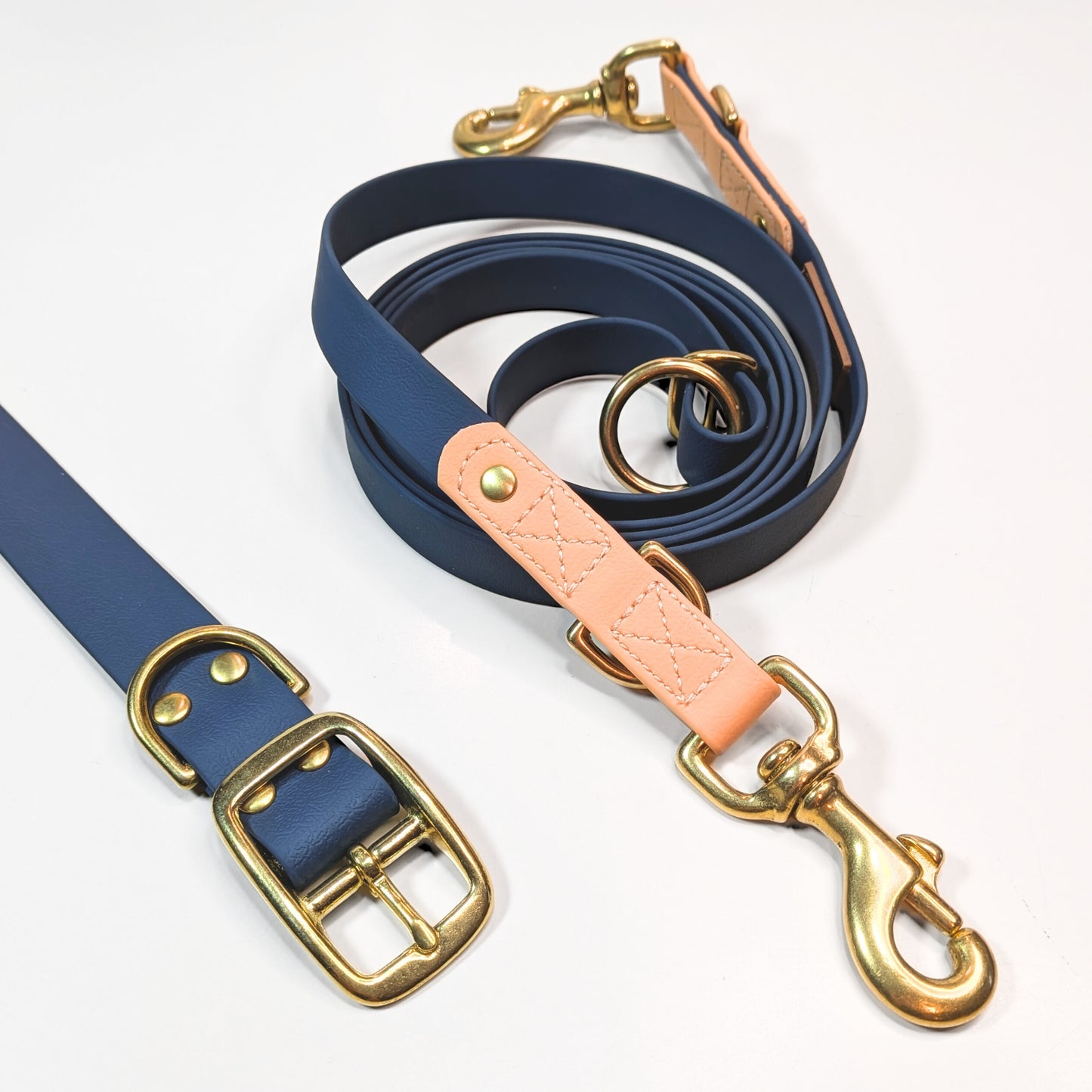 Premium Walk Set | Dog Harness, Leash & Collar - Blue with tan accents and gold-tone hardware on white background