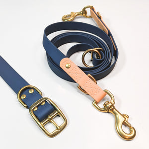 Premium Walk Set | Dog Harness, Leash & Collar - Blue with tan accents and gold-tone hardware on white background