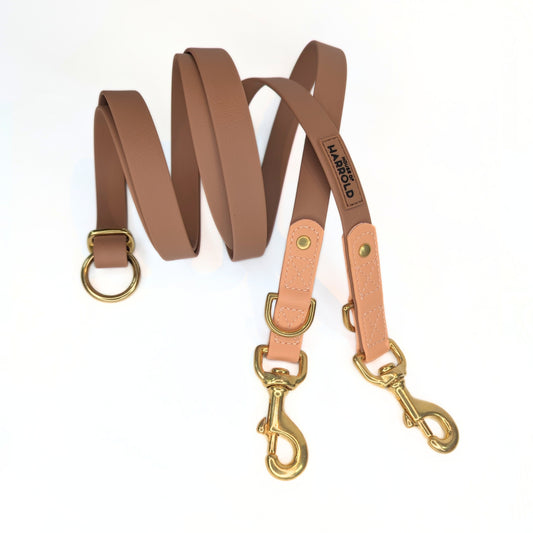 BayBond Adjustable Multi-Way Leash - Brown in gallery 1, textured waterproof webbing, brass hardware, anti-pull tech by House of Harrold