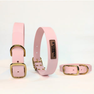 BayBond Collar Waterproof - Pink in gallery 1, textured vegan PVC, brass hardware, anti-pull technology by House of Harrold