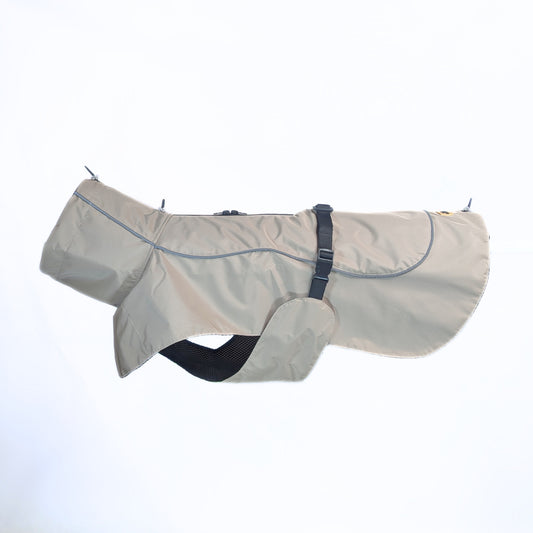 CapeLite Raincoat - Beige with waterproof fabric, adjustable buckle, brass hardware by House of Harrold for spirited dogs