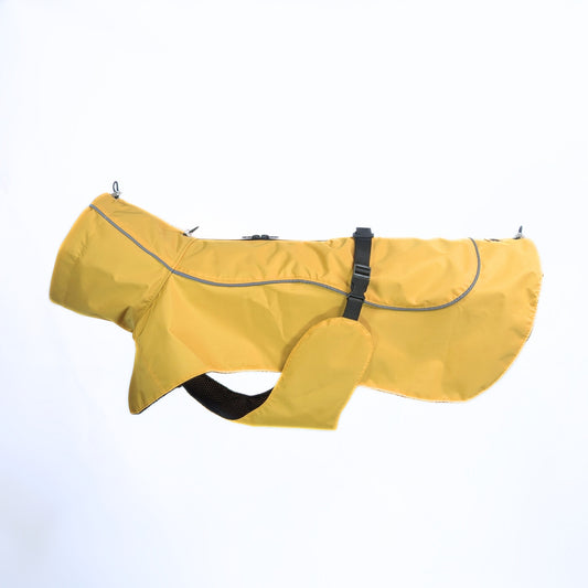 CapeLite Raincoat - Yellow with waterproof fabric, adjustable buckle, reflective trim by House of Harrold for active dogs