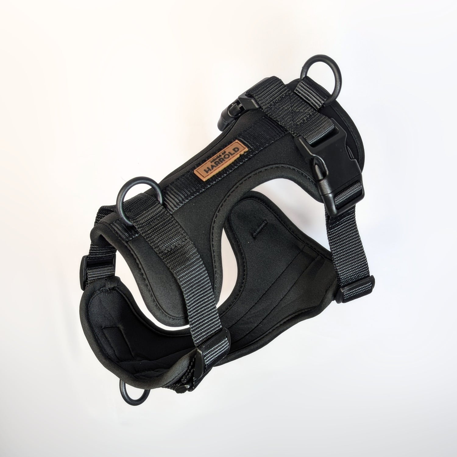 ComfortFit No-Pull Harness - Black with high quality neoprene, brass hardware, and anti-pull technology by House of Harrold