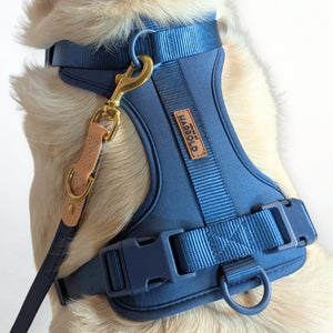 ComfortFit No-Pull Harness - Blue with neoprene, brass hardware, anti-pull tech by House of Harrold for effortless walks and lasting quality