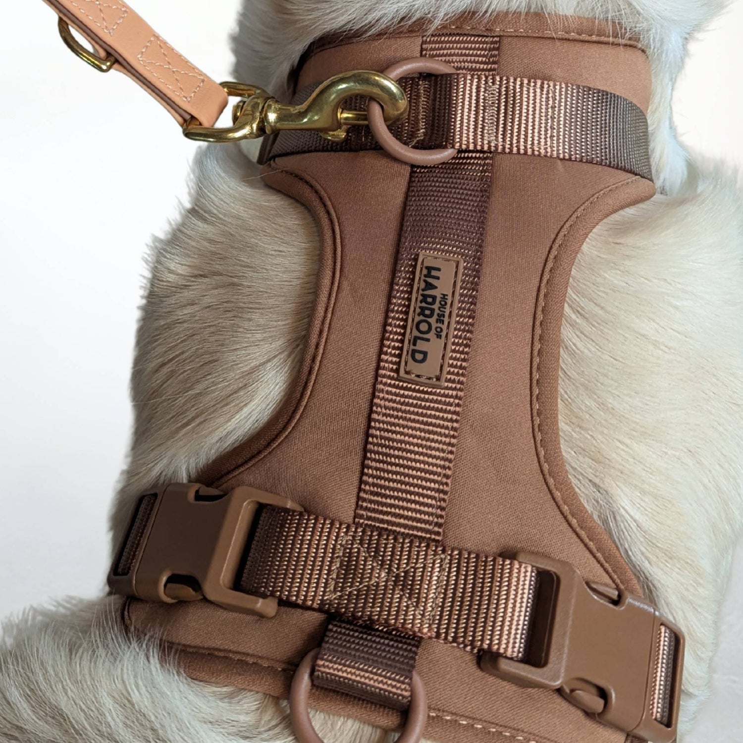 ComfortFit No-Pull Harness - Brown with neoprene fabric, brass hardware, anti-pull tech by House of Harrold for lasting dog control