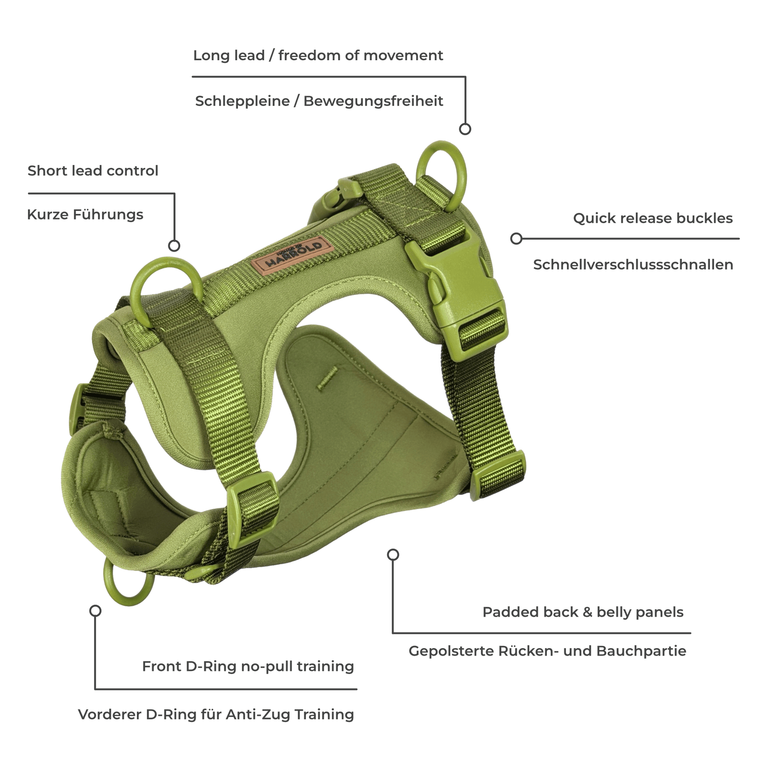 ComfortFit No-Pull Harness - Green with high quality neoprene, brass hardware, anti-pull technology by House of Harrold for effortless walks