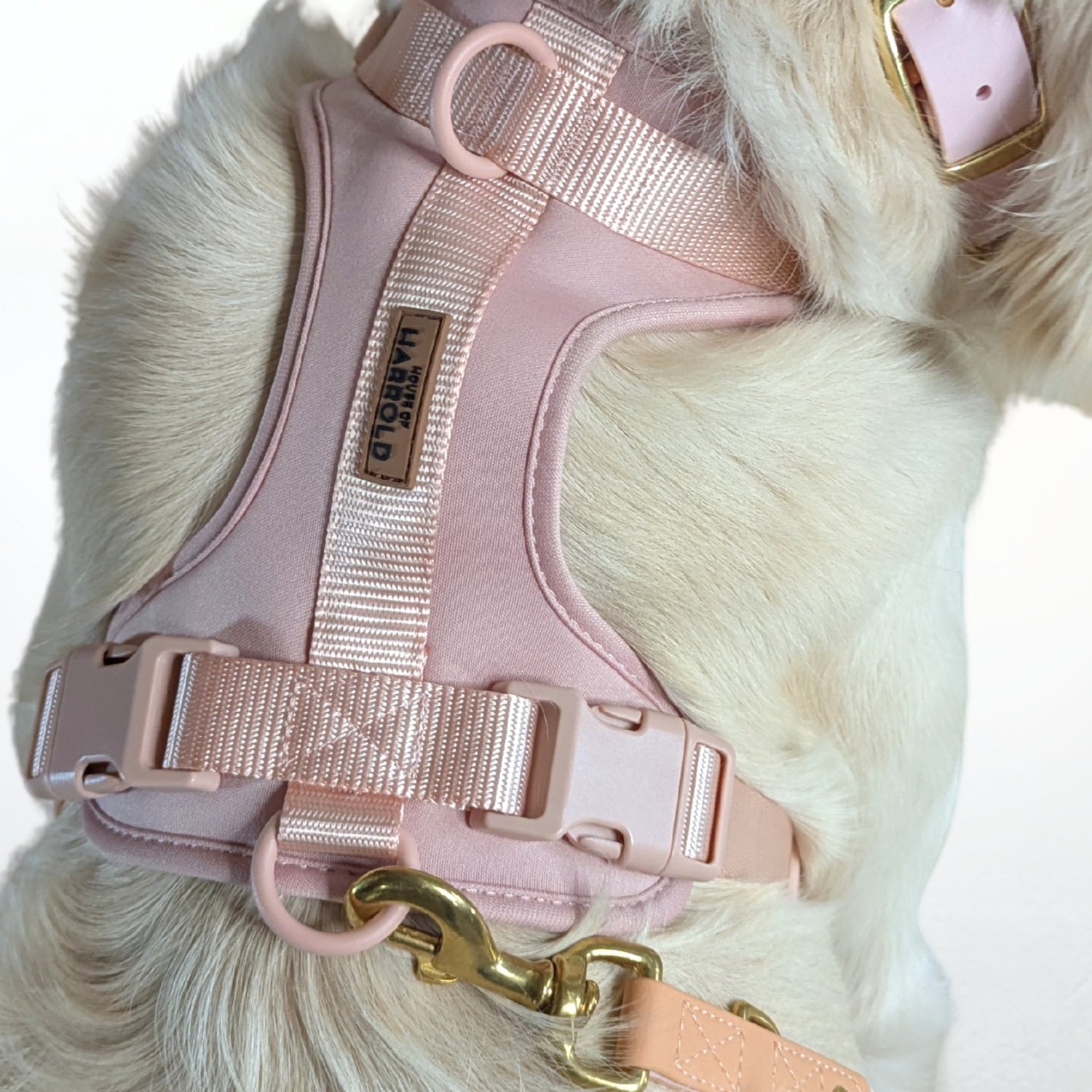 ComfortFit No-Pull Harness - Pink with brass hardware, recyclable materials, and anti-pull technology by House of Harrold