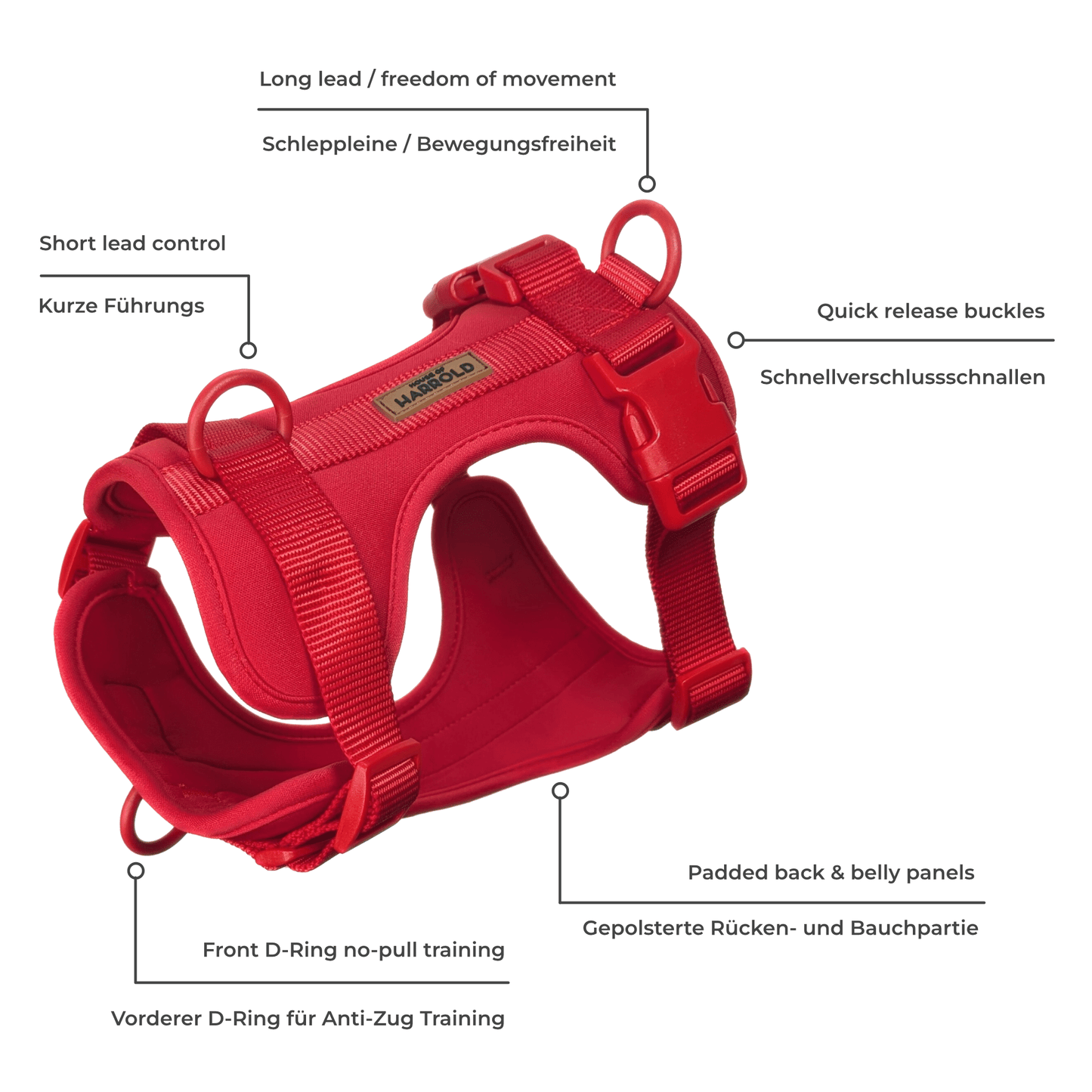 ComfortFit No-Pull Harness - Red with padded neoprene, quick release buckles, coated D-rings by House of Harrold for smooth dog control | lang:replaceable