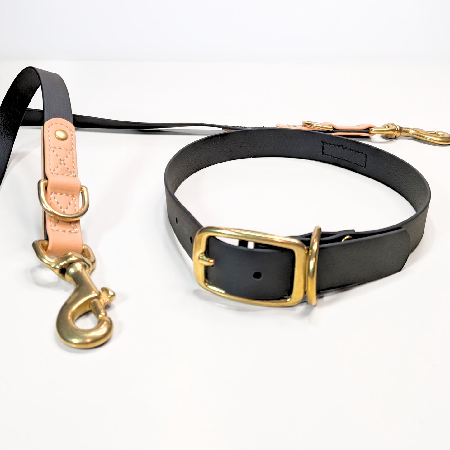 Premium Walk Set | Dog Harness, Leash & Collar - Black with gold-toned hardware and tan leather accents on white background